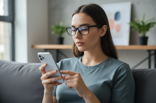 black rectabgular glasses and using phone , should be also visible