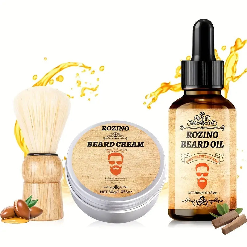 3pcs Beard Care Set: Softening Cream, Essential Oil & Brush