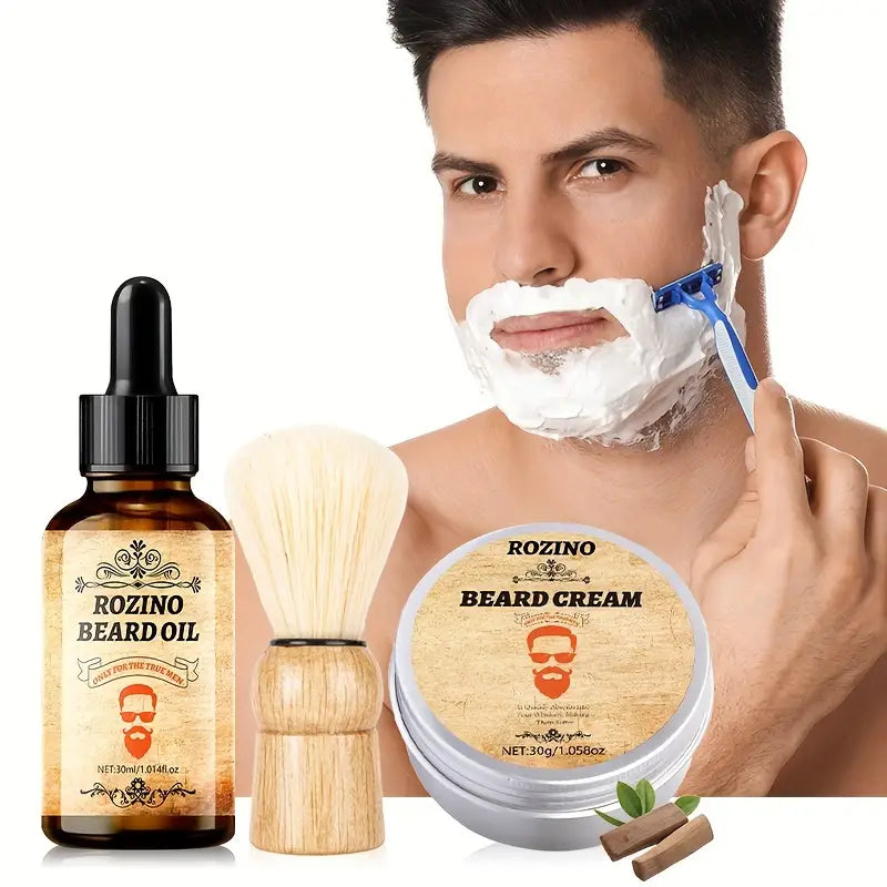 3pcs Beard Care Set: Softening Cream, Essential Oil & Brush