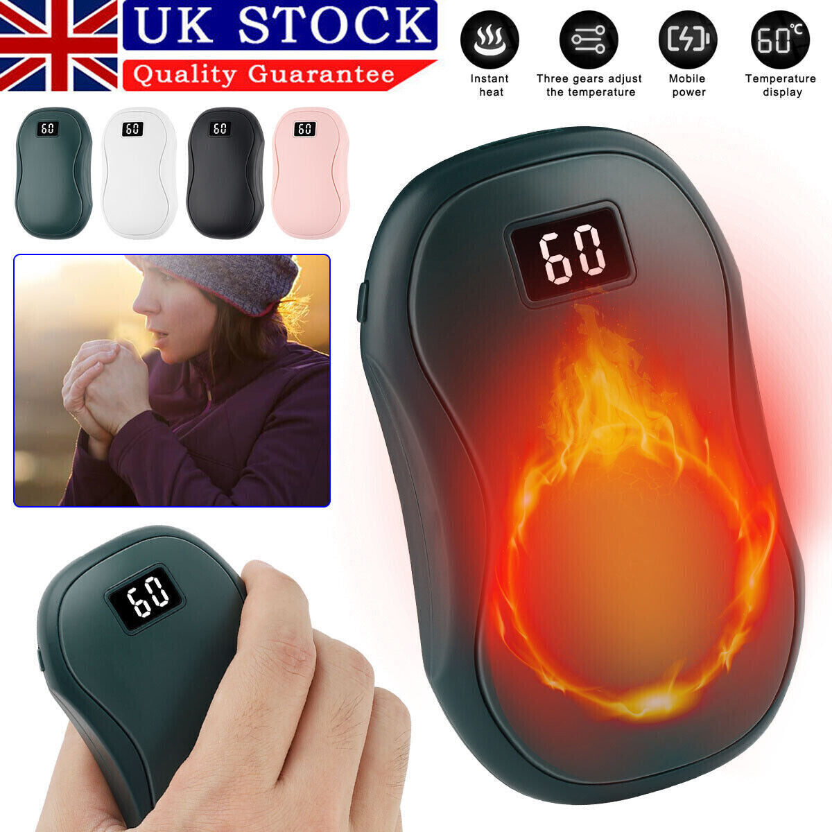 Hand Warmers Rechargeable 3 Levels Electric Portable Pocket Heater & Power Bank