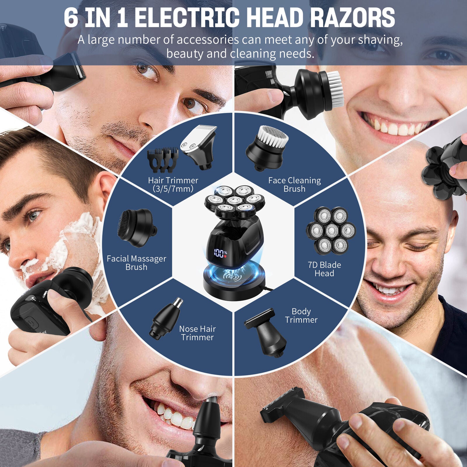 SEJOY 6-IN-1 Wet/Dry Electric Razor 7D Head Shaver Bald Mens Beard Grooming Kit